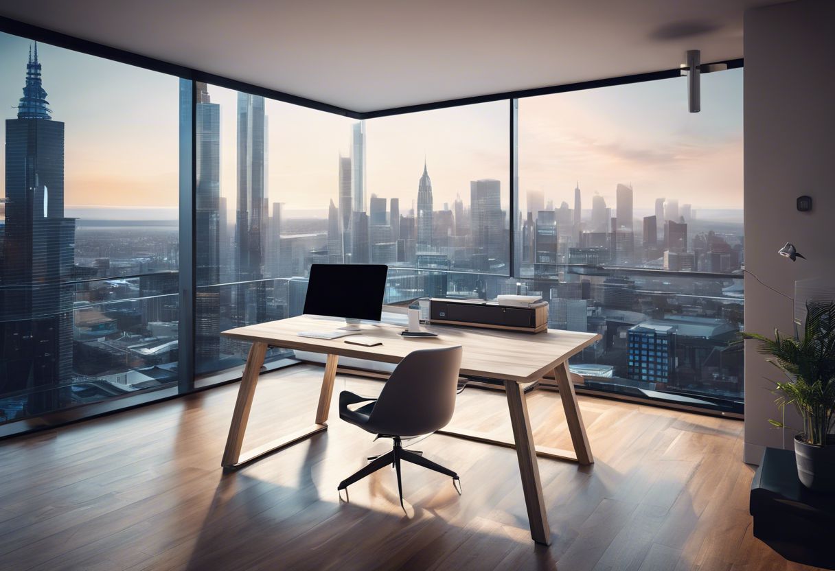 A modern office desk with technology gadgets and a laptop, overlooking a cityscape.