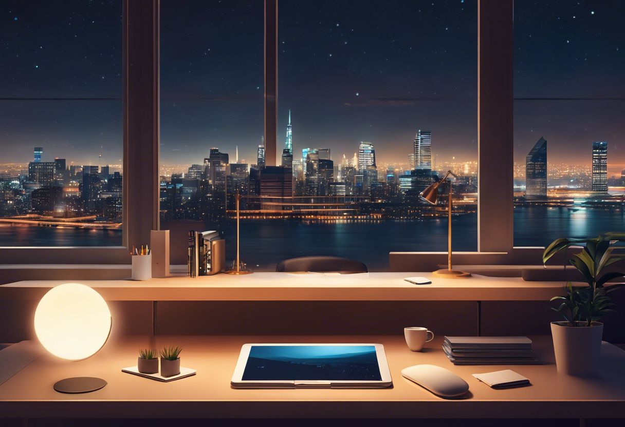 A minimalist workspace with an organized desk and city skyline view.