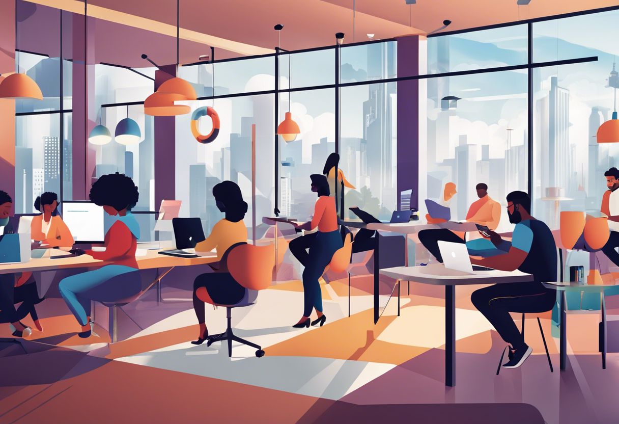 A diverse group collaborates using digital tools in an inclusive, modern workspace with a cityscape view.