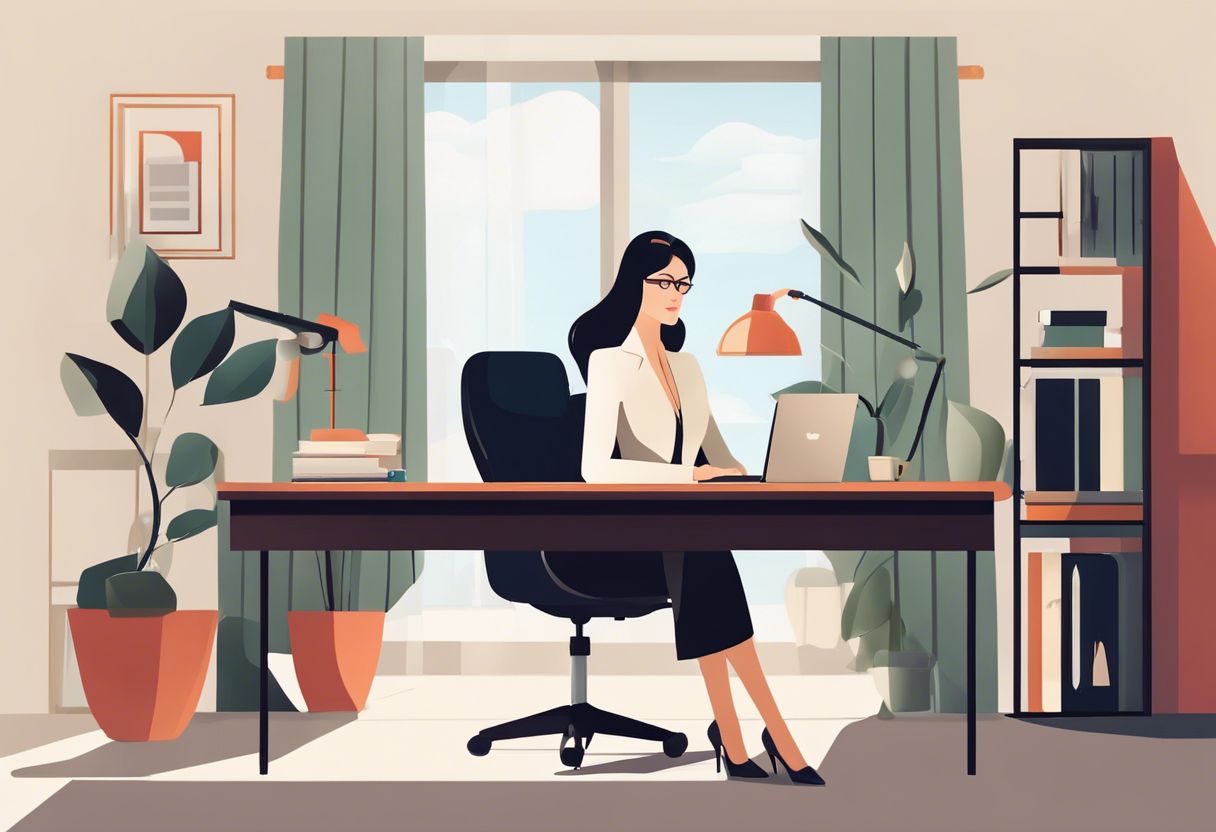 A determined businesswoman sits at a modern desk with a laptop in a serene office setting.