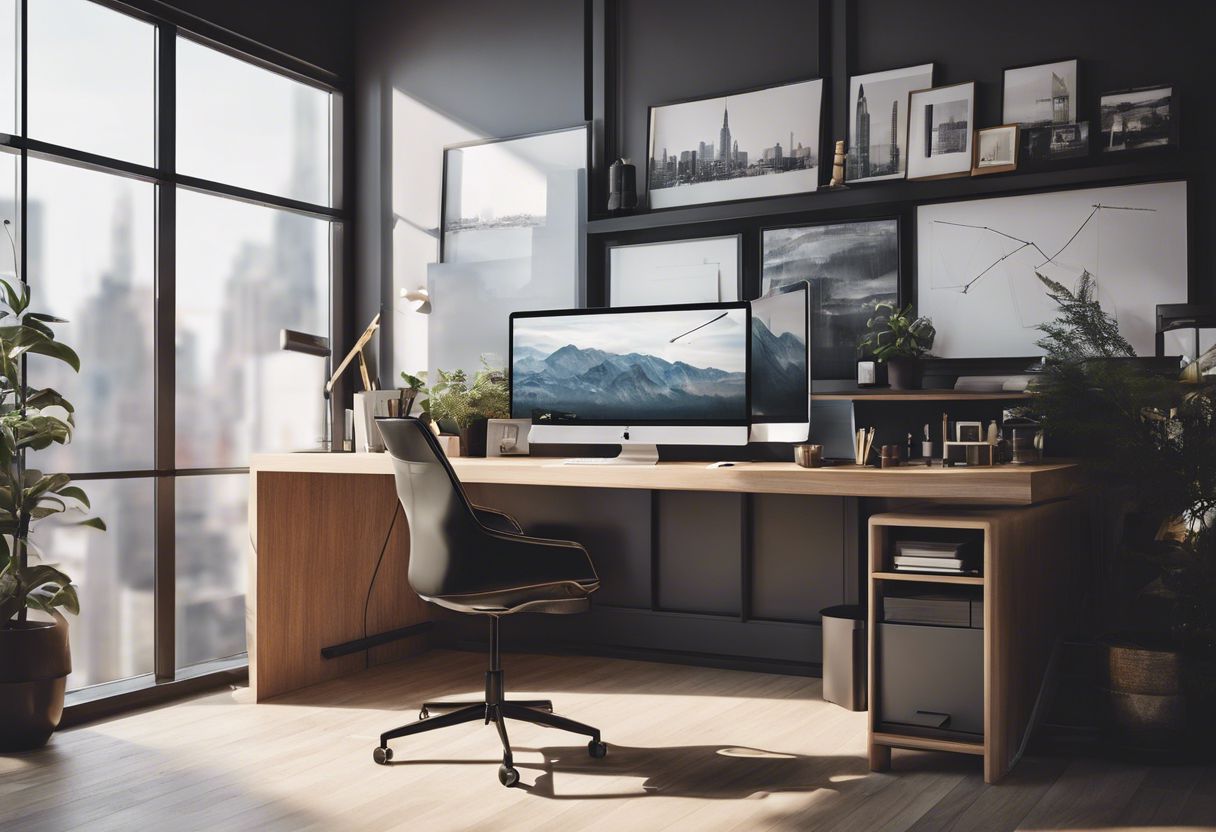 A professional designer works at a modern workstation with minimalist decor and cityscape photography.