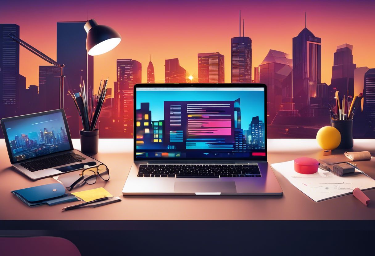 A modern, organized desk with a laptop, creative tools, and cityscape photography reflecting on the desk surface.