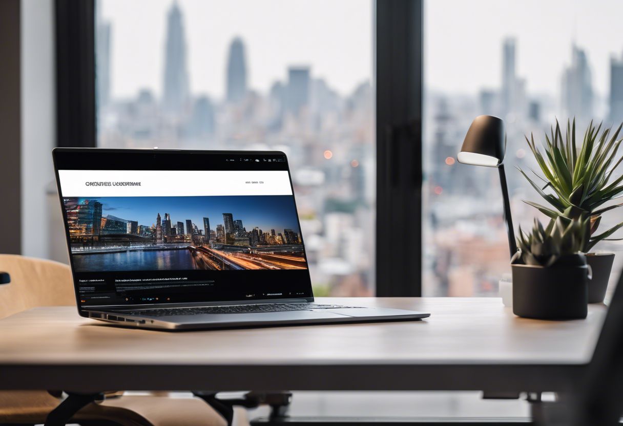 A flat design laptop with design software on a minimalist work desk in a cityscape.