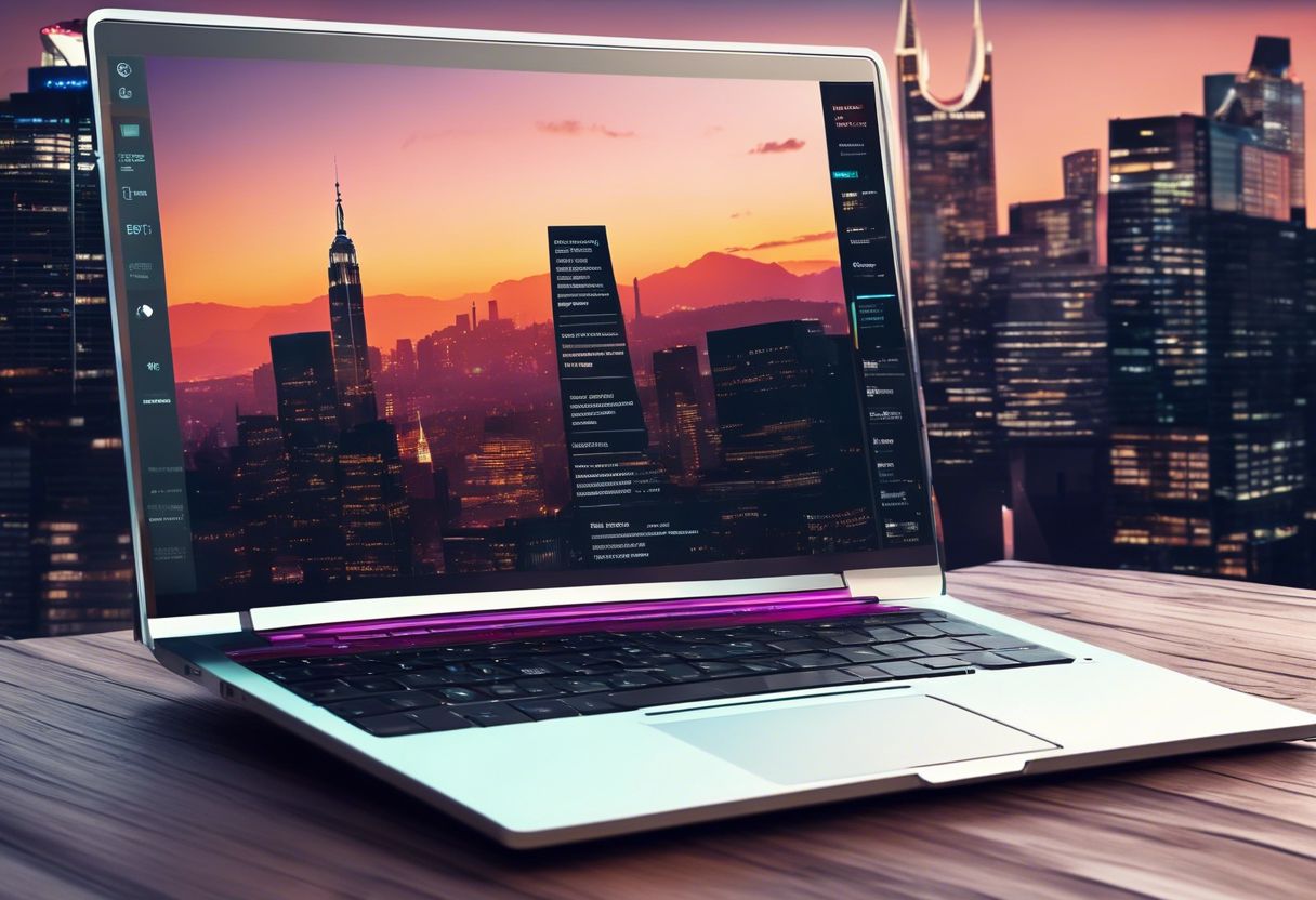 A sleek and modern website menu layout displayed on a laptop against an urban cityscape background.