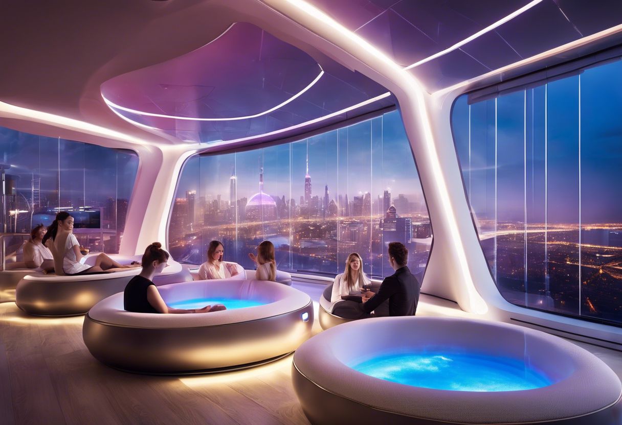 A group of young adults enjoying a digital spa experience in a modern, tech-infused environment with cityscape views.