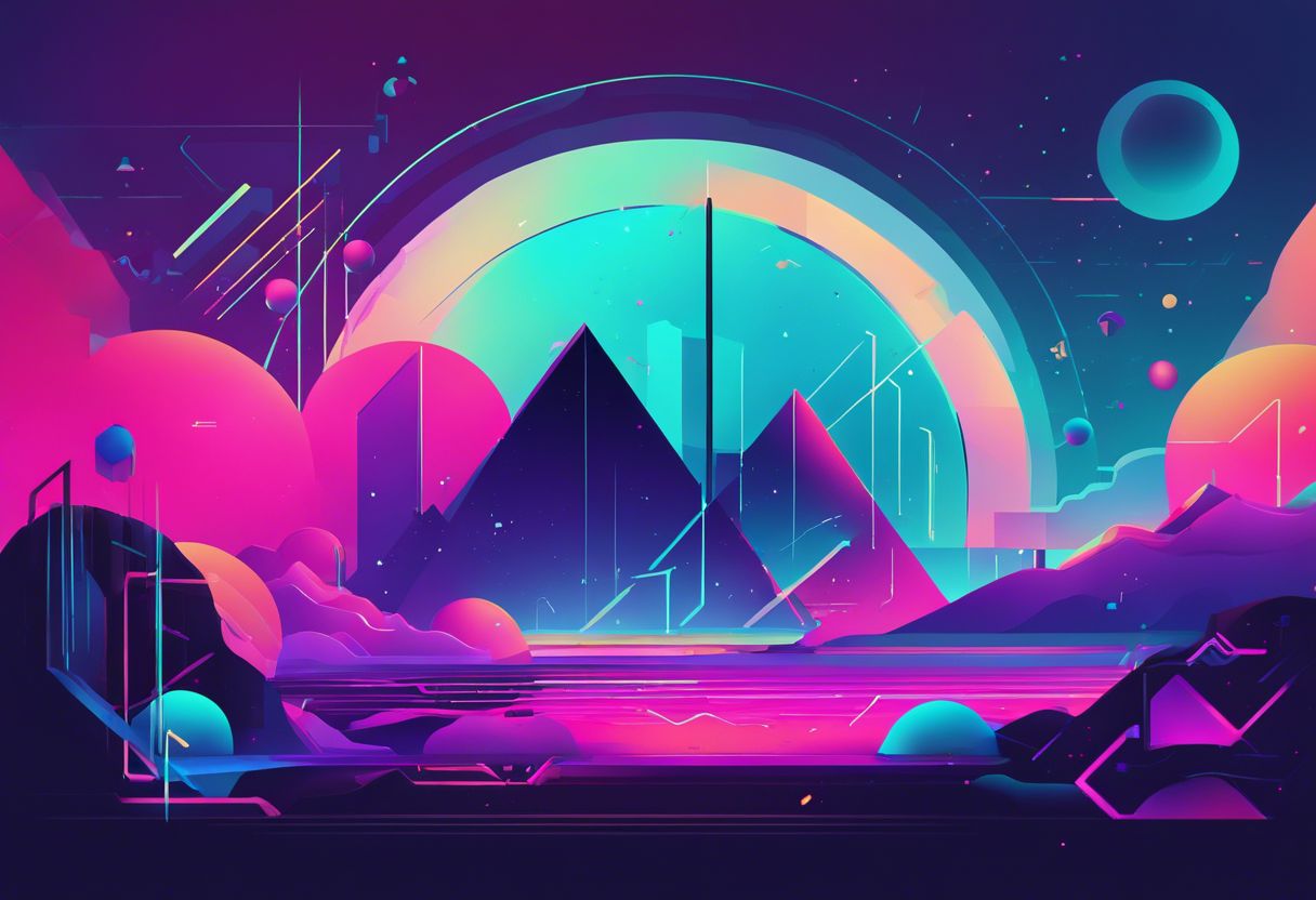 A futuristic, digital 404 page design with abstract shapes, neon colors, and holographic elements.