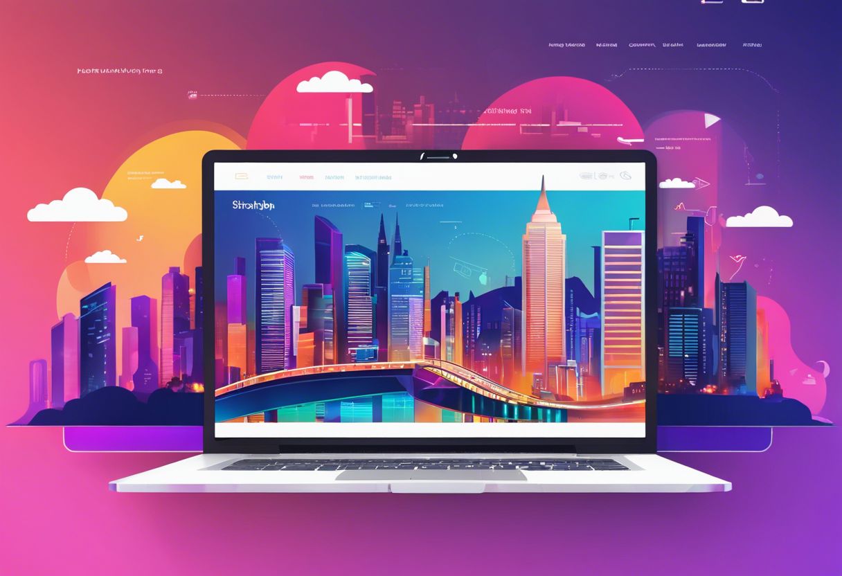 A person interacts with a modern landing page on a laptop against a vibrant cityscape backdrop.