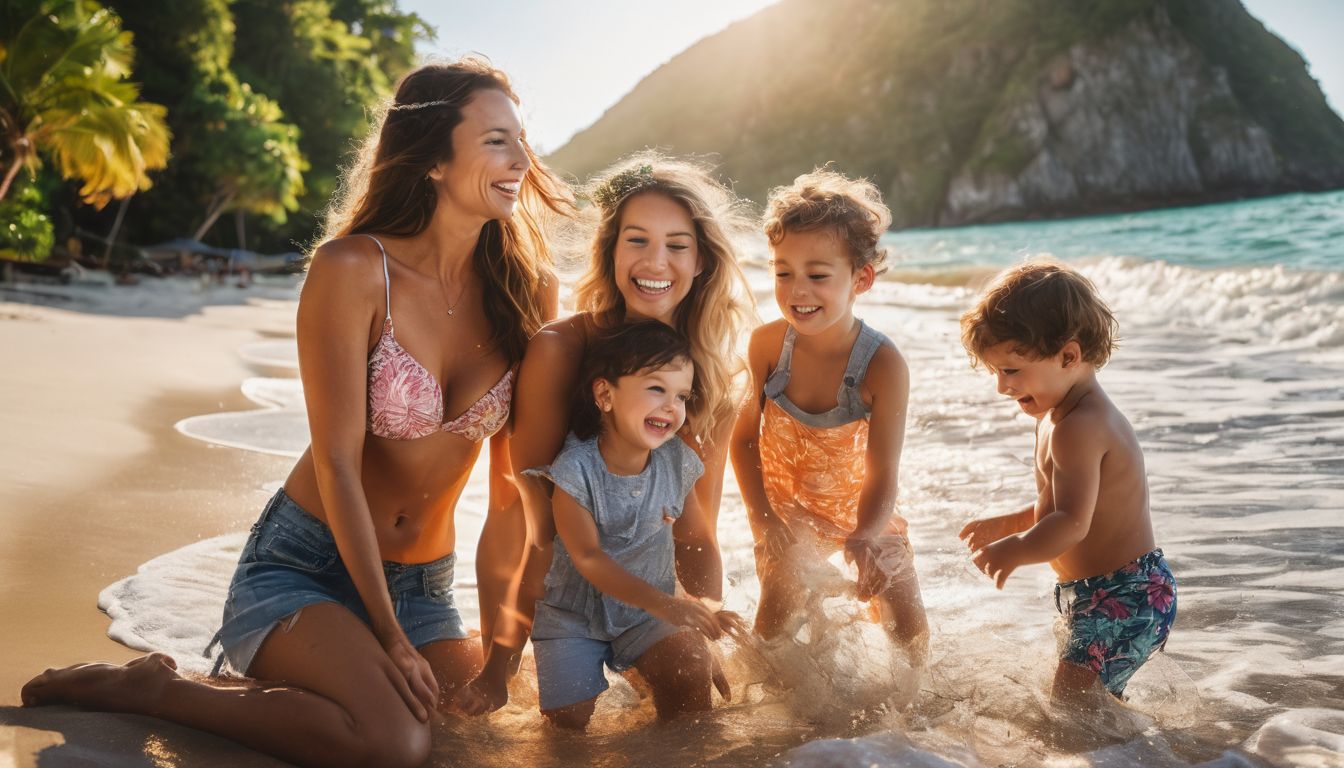 A family enjoying a tropical beach vacation, posing for a fun photo.