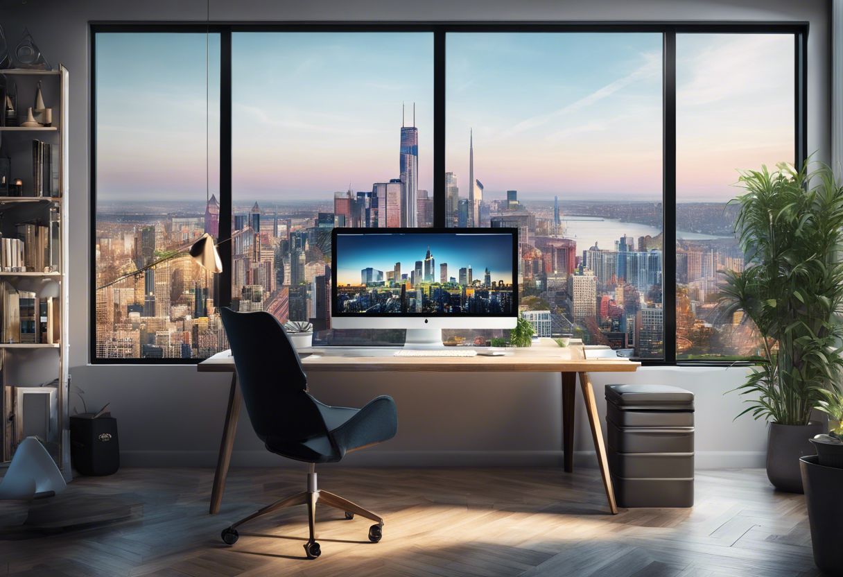 A modern workspace with computer, design tools, and cityscape photography creating an innovative environment.