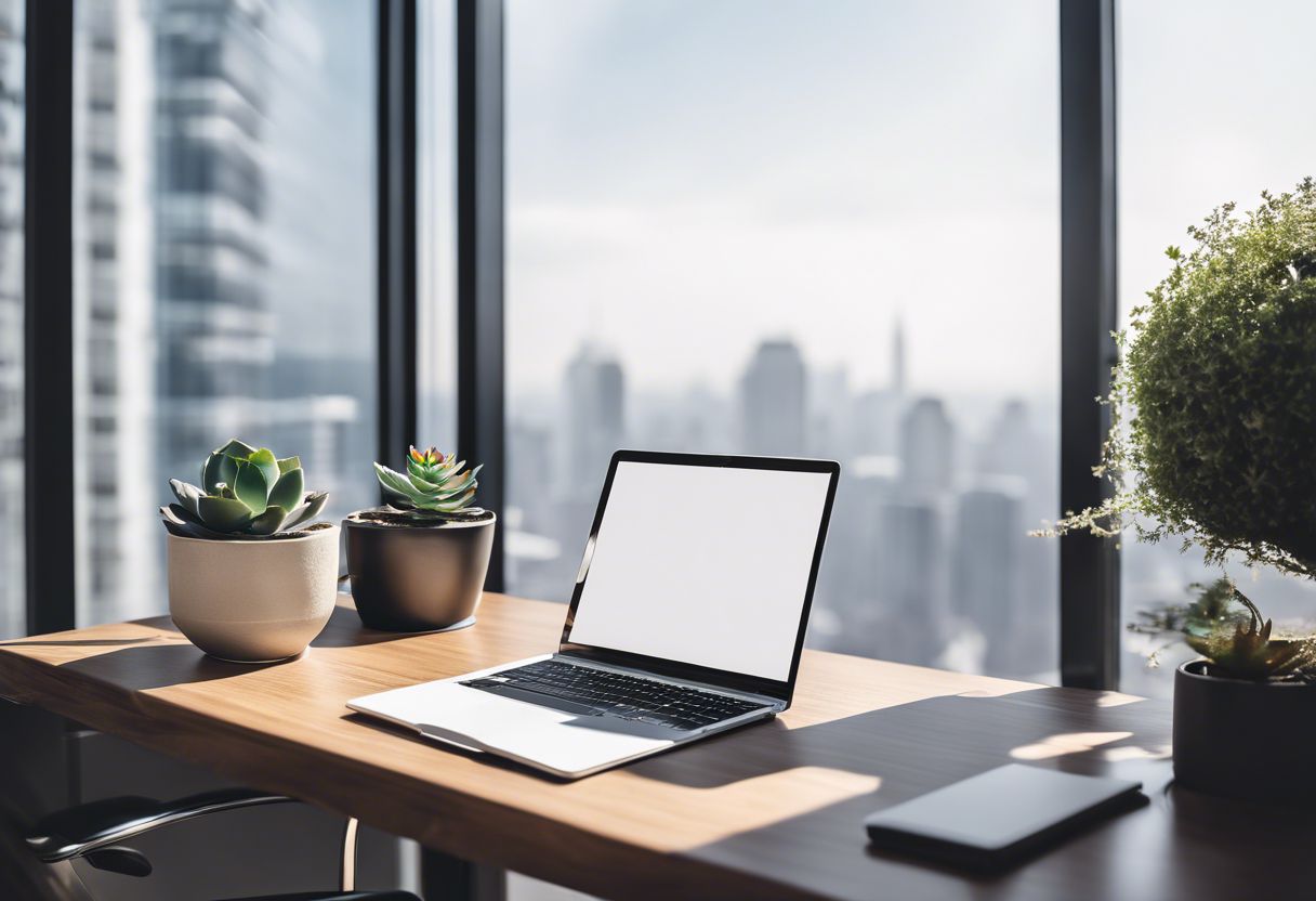 A minimalist office desk with a sleek laptop, plant, notepad, and cityscape view.