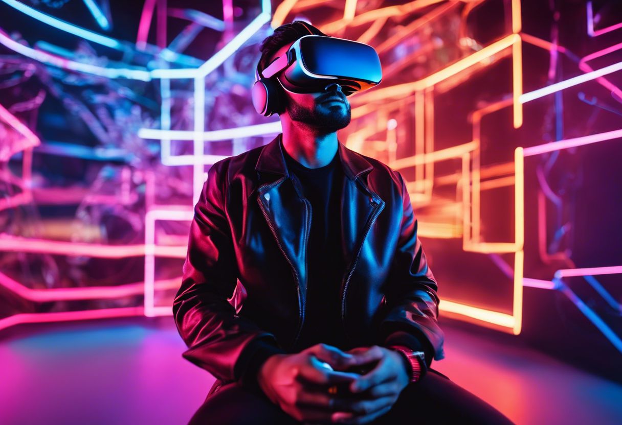 A person wearing VR headset is immersed in a futuristic virtual reality world.