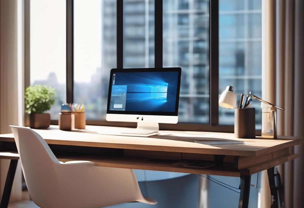 A minimalist desk with neatly arranged laptop and stationery, cityscape reflected in window, creating serene and focused atmosphere.