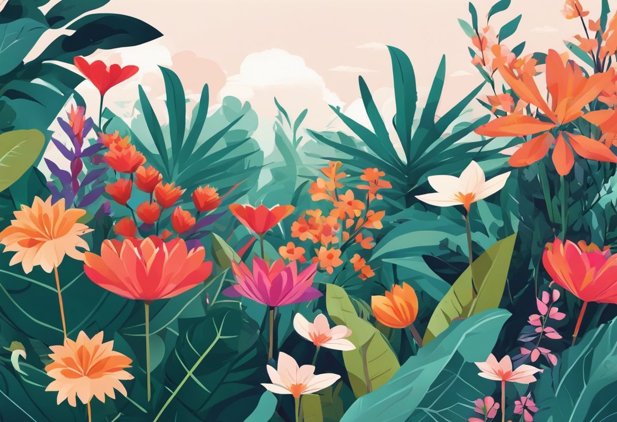 A flat design of a lush botanical garden with vibrant flowers and foliage, showcasing the diversity of plant life.
