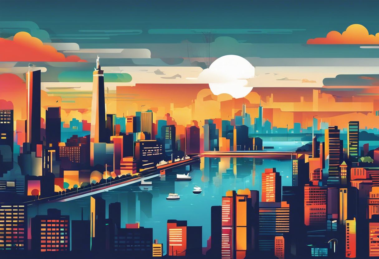 A vibrant cityscape at sunset showcasing local landmarks and bustling city life.