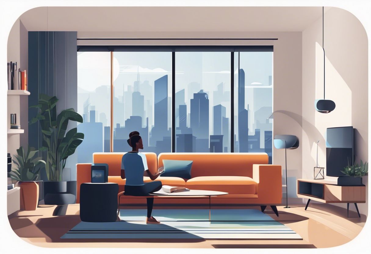 A person interacts with a smart speaker in a modern living room with a cityscape visible through the windows.