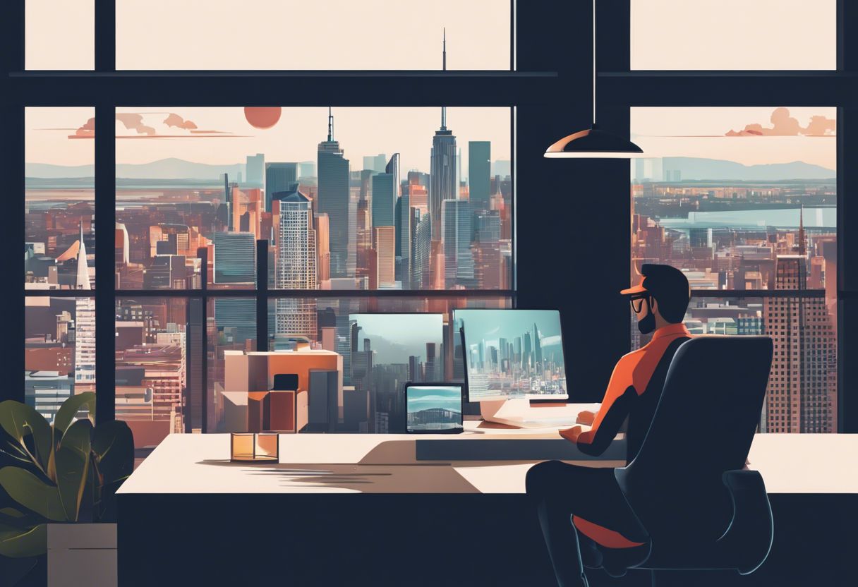 A person in a minimalist workspace using a sleek laptop with a cityscape view.