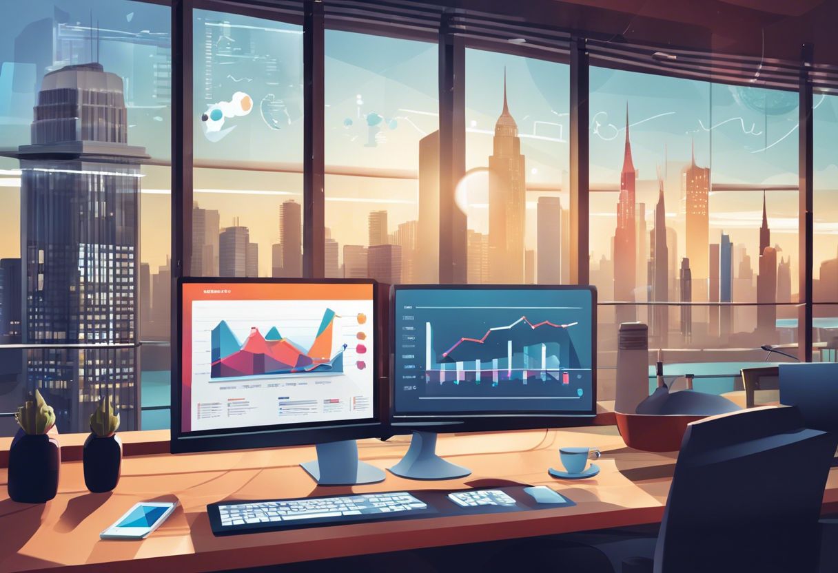 A modern office workspace with a computer displaying social media analytics and a view of a bustling city.
