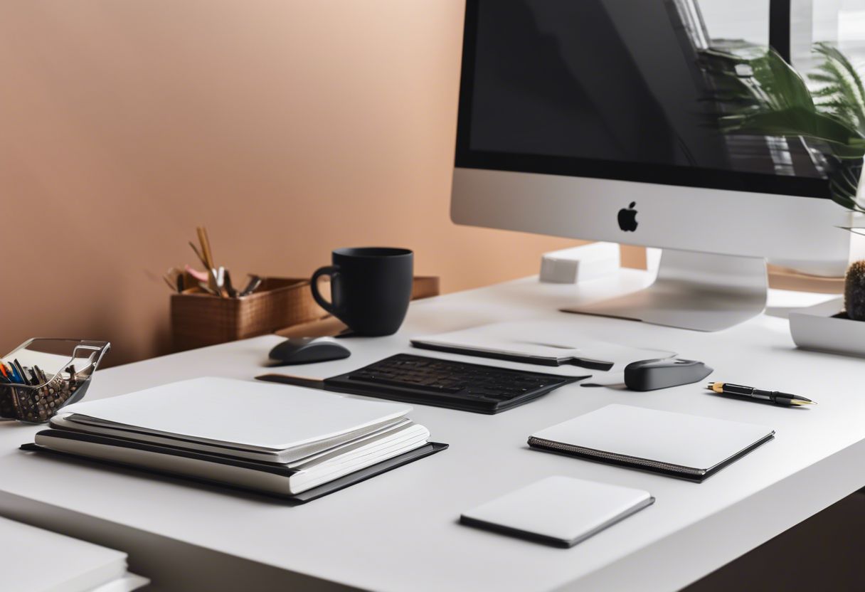 A minimalist, organized desk with a computer and office supplies, promoting sleek design and efficiency.
