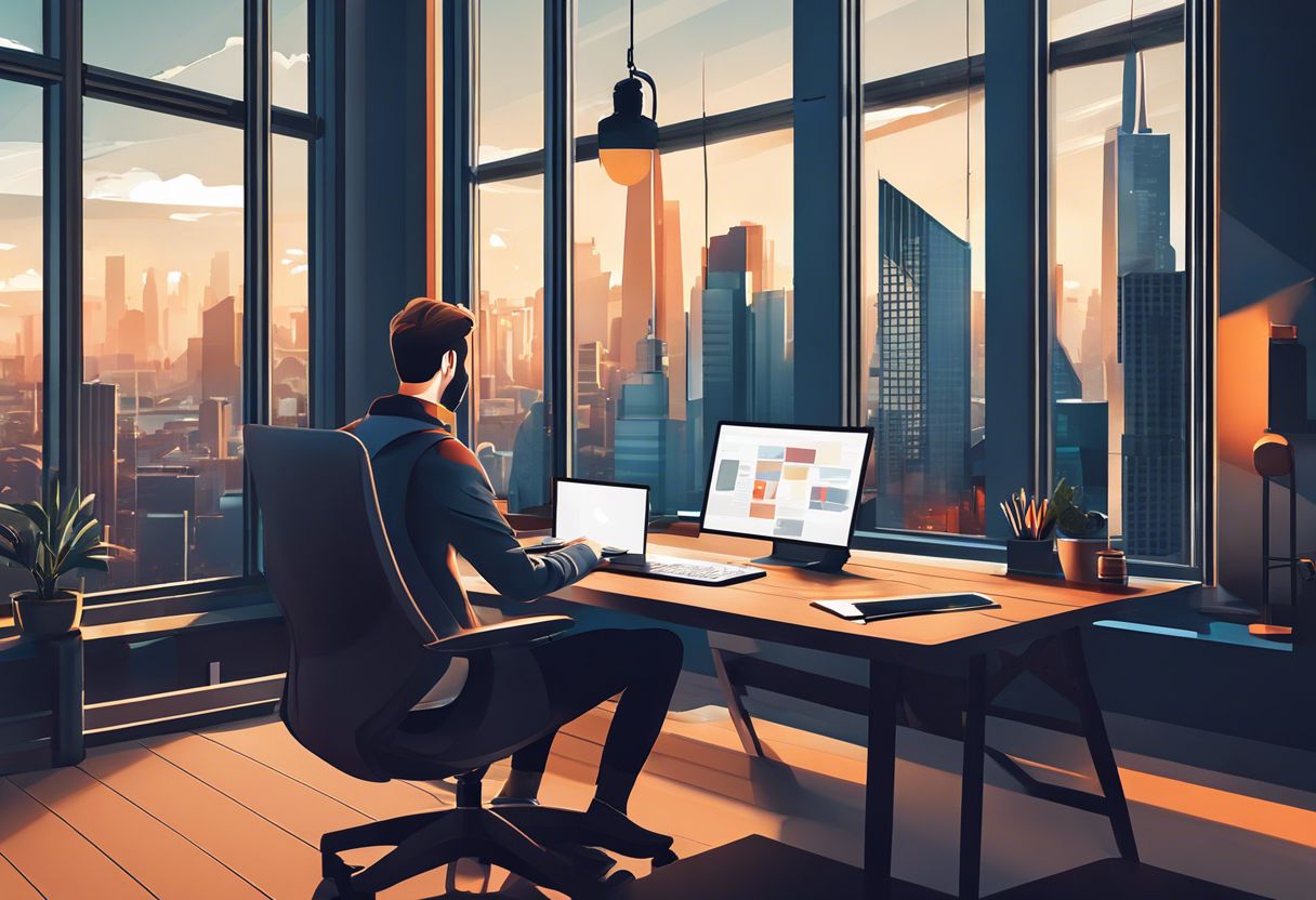 A graphic designer working at a modern desk with design tools, overlooking a cityscape through a large window, emphasizing creativity and focus.