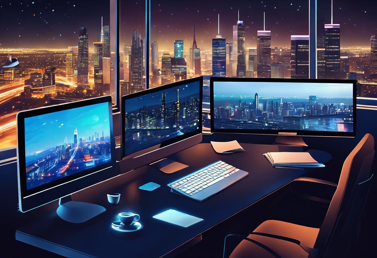 A cluttered programmer's desk overlooks a bustling cityscape at night, capturing the essence of late-night coding and creativity.