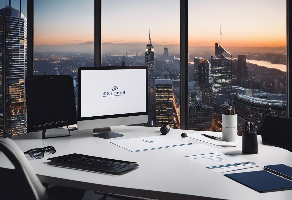 Branded stationery and marketing materials neatly arranged on a modern desk in a high-rise office, exuding a professional and sophisticated atmosphere.