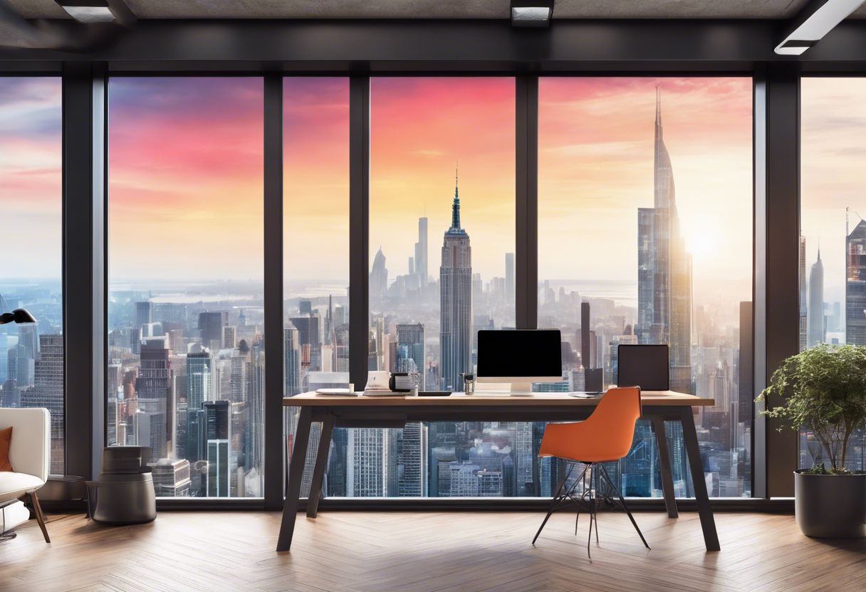 A modern office desk with laptop and creative supplies, overlooking a vibrant city skyline.