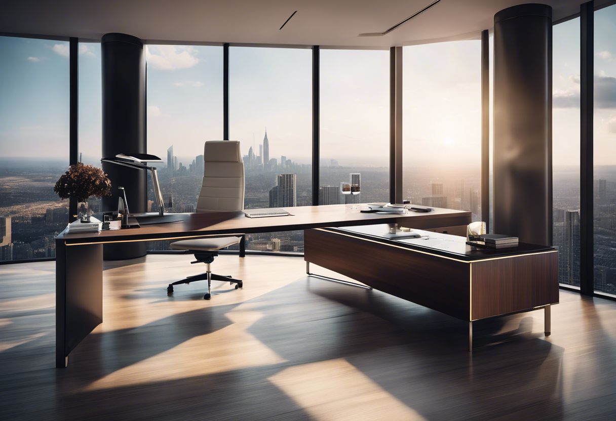 A luxurious office desk with high-end gadgets and modern decor overlooking a cityscape through a floor-to-ceiling window.