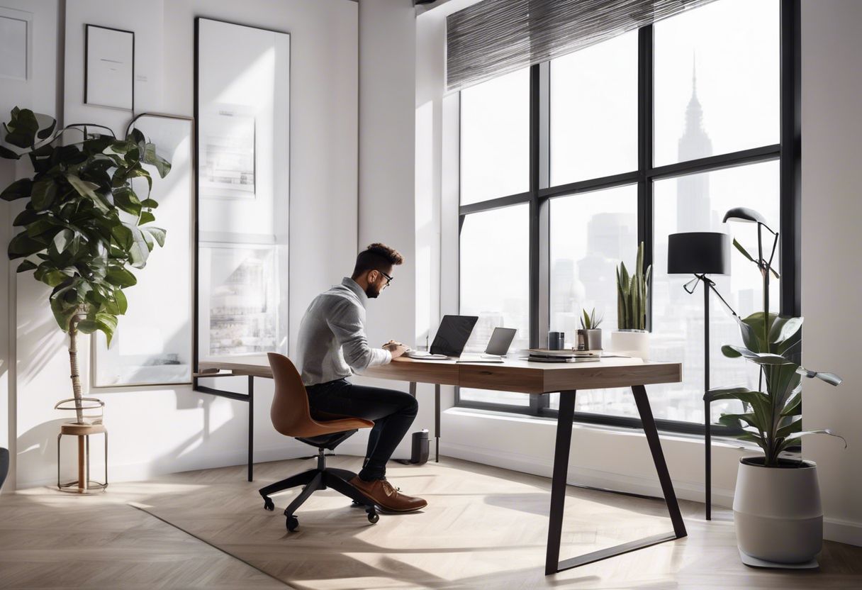 A graphic designer working in a modern workspace with cityscape photography, minimalist furniture, and natural light.