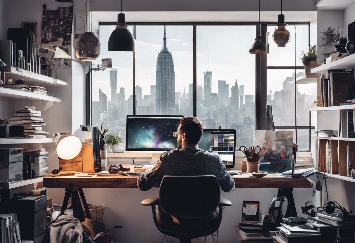 A creative professional sitting at a cluttered yet organized workspace, surrounded by design tools and urban skyline.
