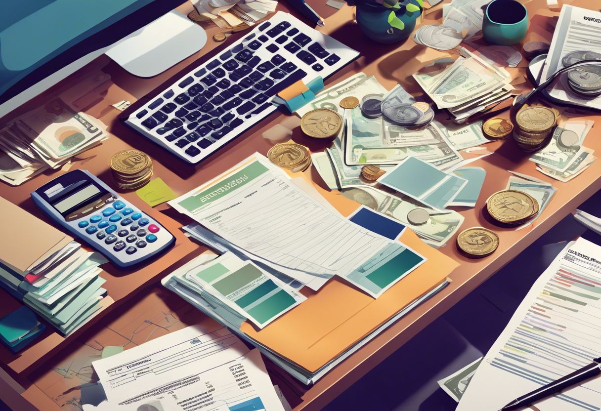 A desk cluttered with financial documents and a stack of coins and dollar bills, portraying a busy office environment.