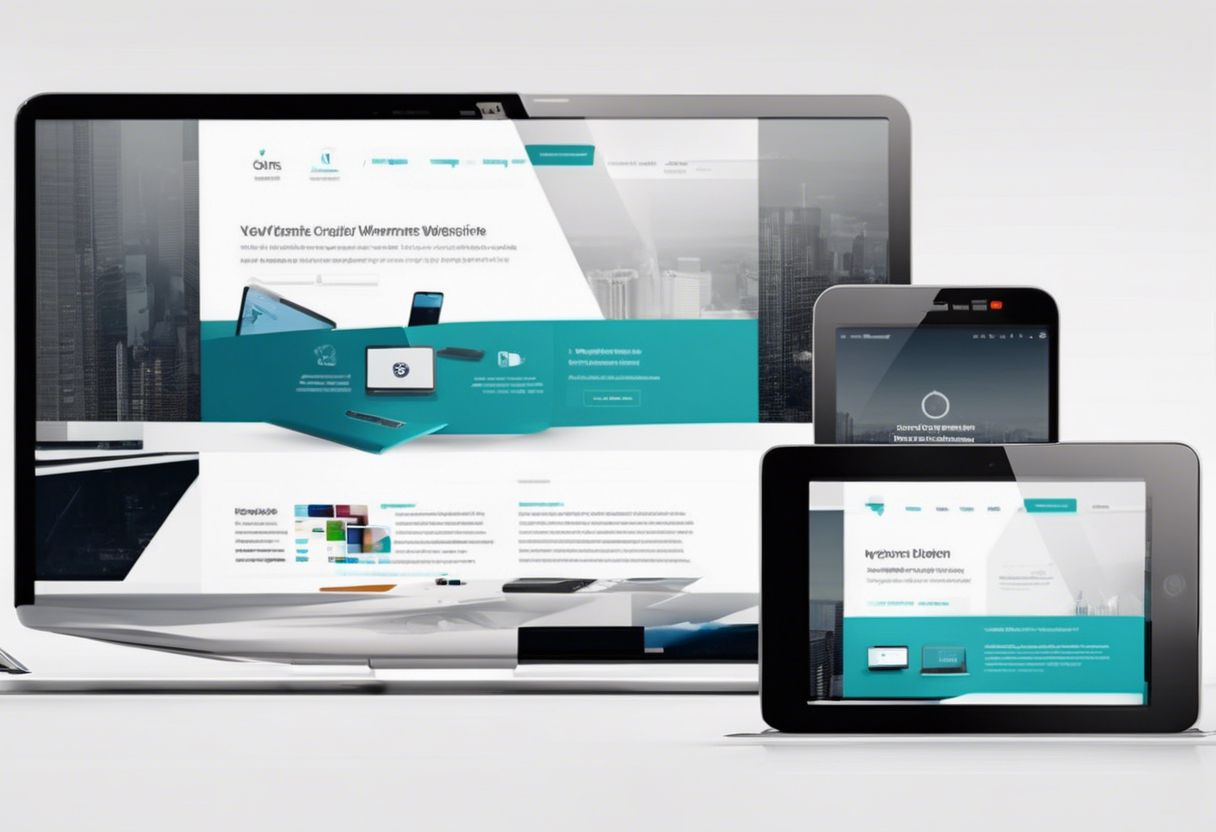 A flat design image showcasing a laptop and smartphone displaying a responsive website design and aerial photography.