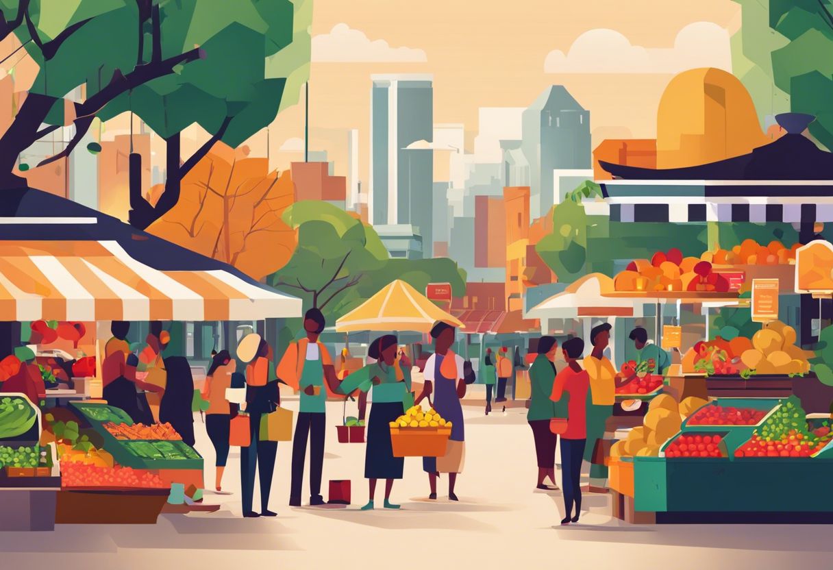 A busy local market with people interacting with vendors, surrounded by fresh produce and cityscape in the background.