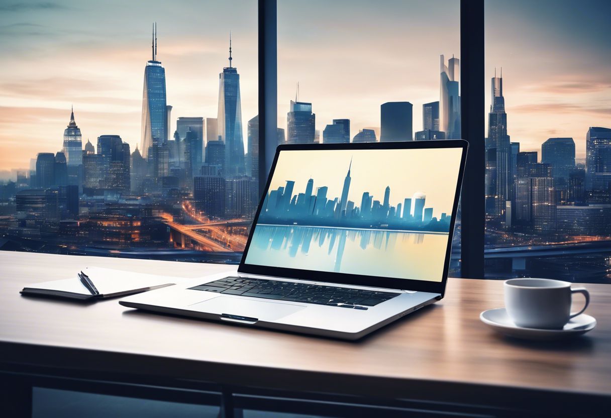 A sleek laptop and notepad on a modern desk with city skyline in the background.