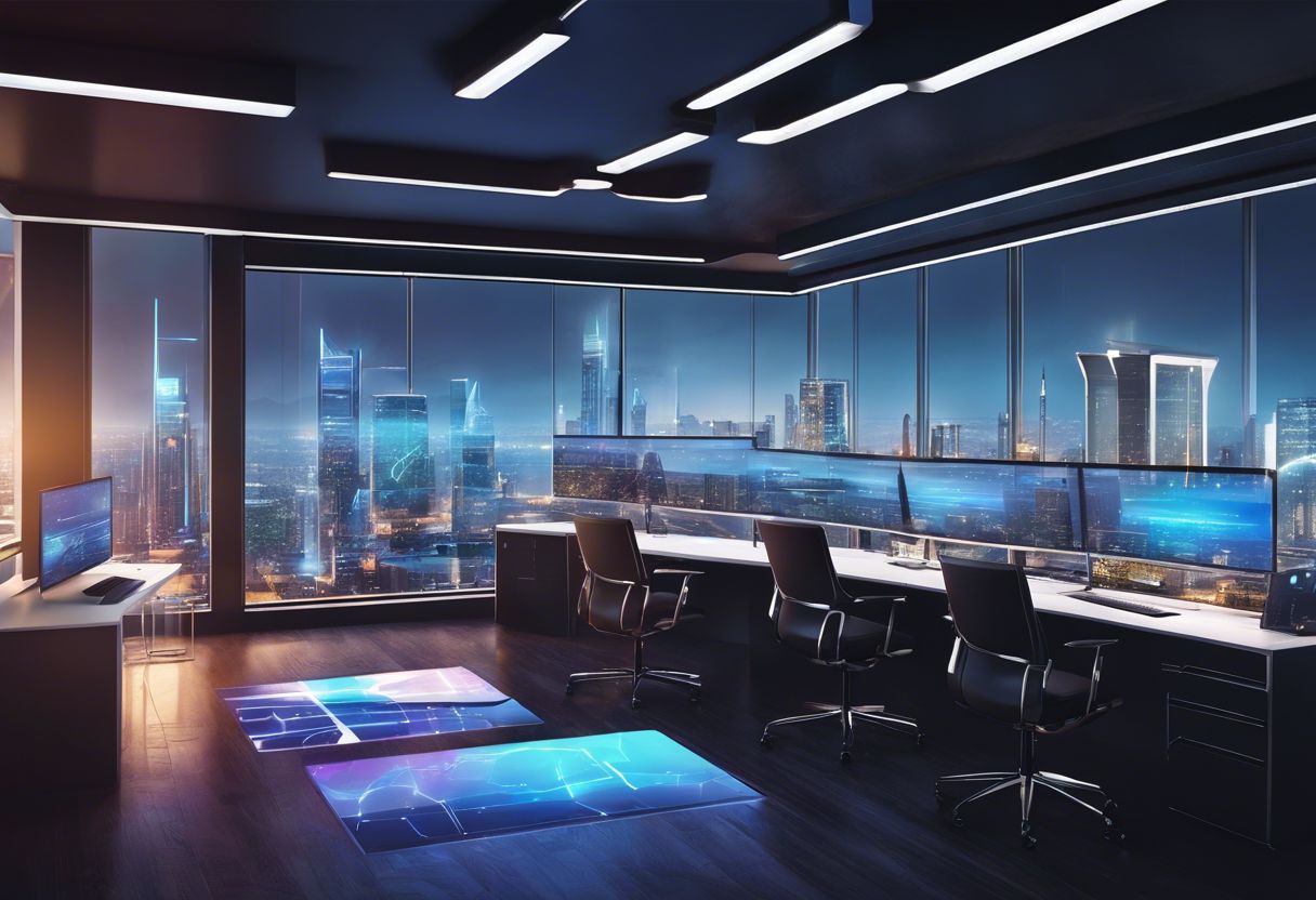A futuristic web development workspace with sleek computers, holographic coding tools, and a cityscape view.