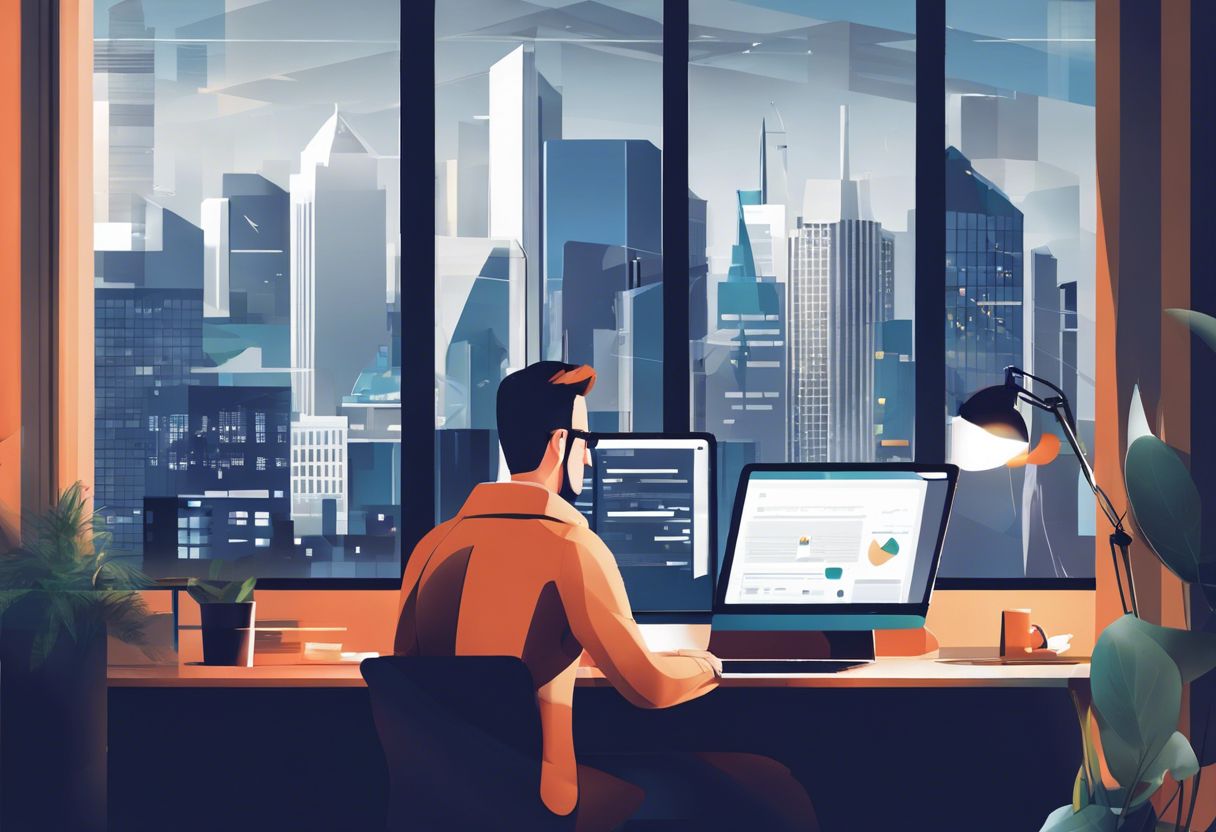 A full stack developer working on a laptop in a modern office with cityscape in background.