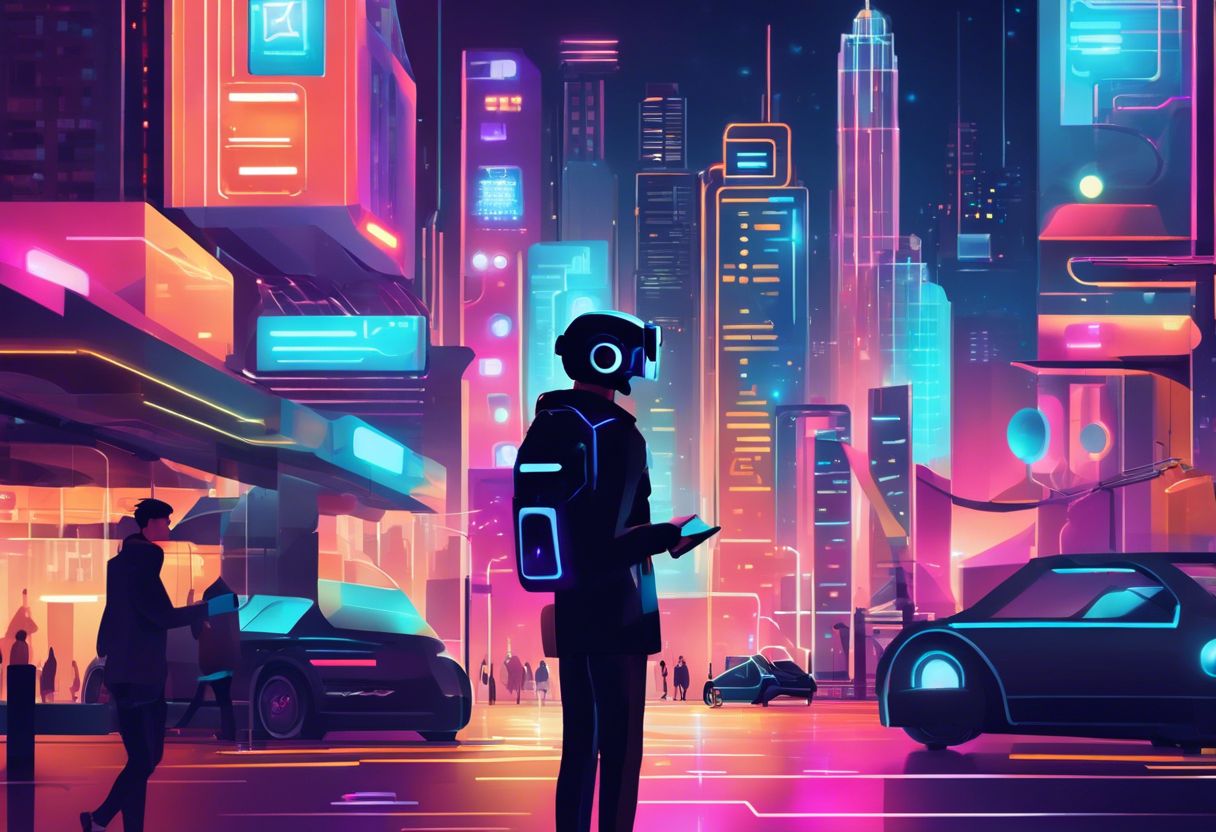 A person interacts with a chatbot in a futuristic city, showcasing technology in urban life.