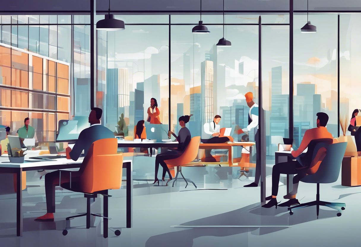 A diverse group of people collaborating in a modern open office space with a cityscape view.