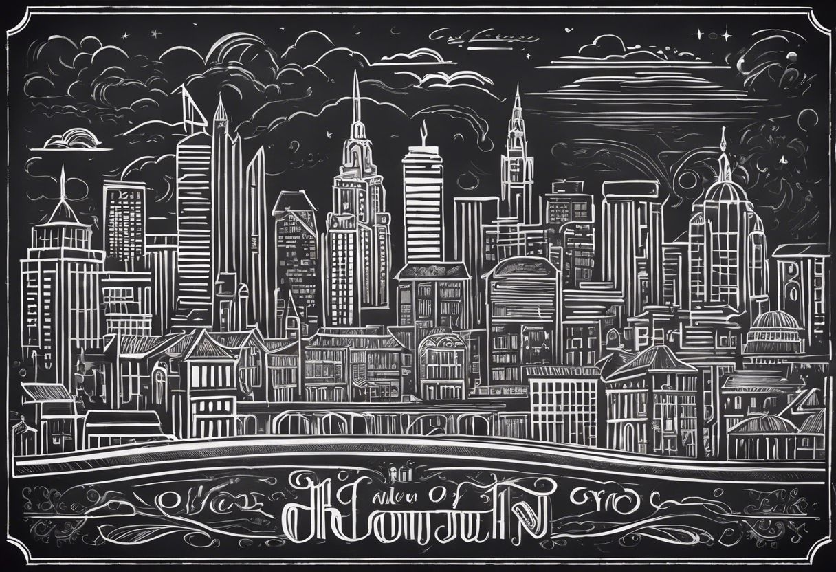 Hand-drawn calligraphy on a vintage chalkboard with artistic doodles, framed by the cityscape.