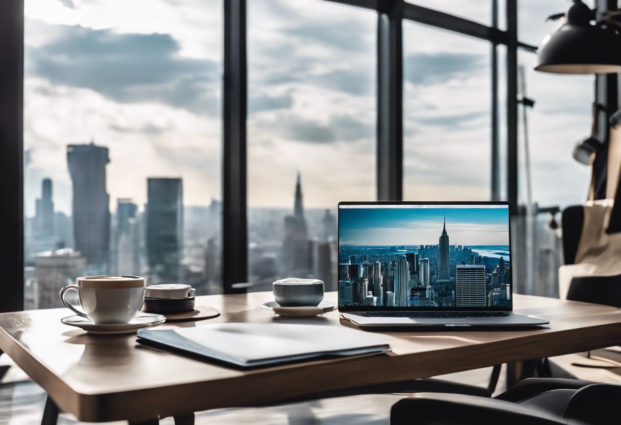 A modern work desk with technology, cityscape view, and a cup of coffee.