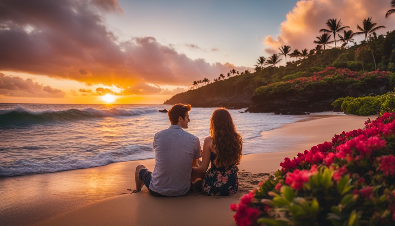 A couple enjoying a sunset on a Maui beach surrounded by tropical flowers.