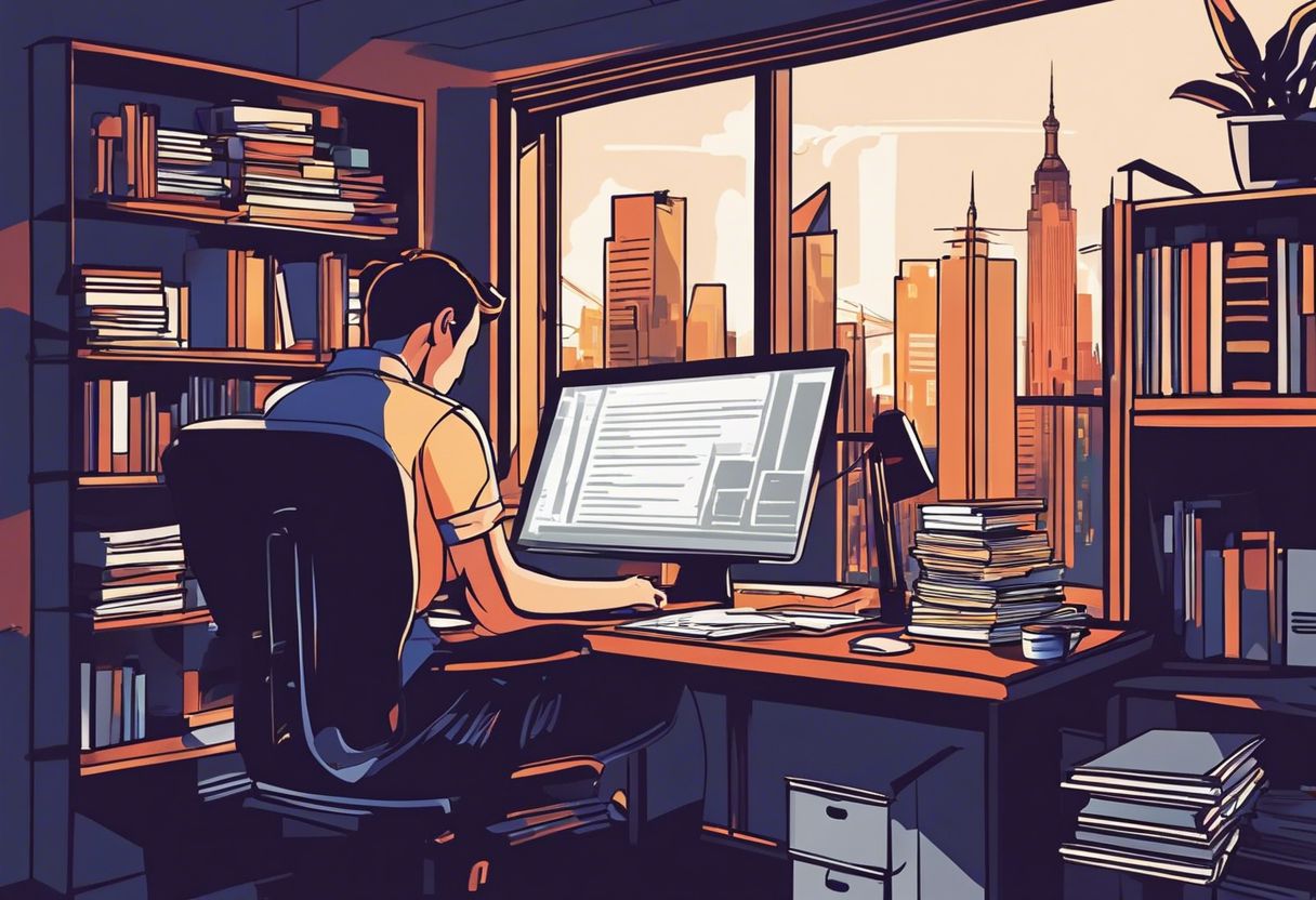 A determined person seeks help at a desk with computer, surrounded by support books, in a busy cityscape.