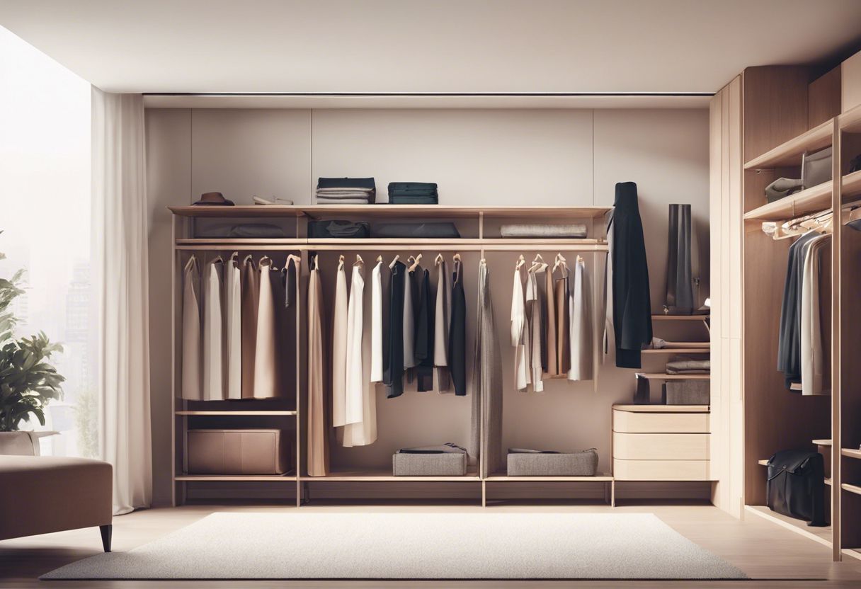 A person carefully choosing elegant outfits from a minimalist closet, emphasizing their sophisticated fashion sense.