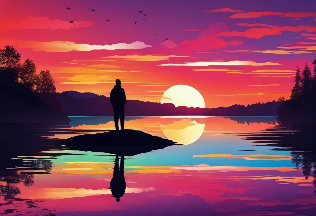 A person gazes at a vibrant sunset over a peaceful lake, emphasizing tranquility and serenity.
