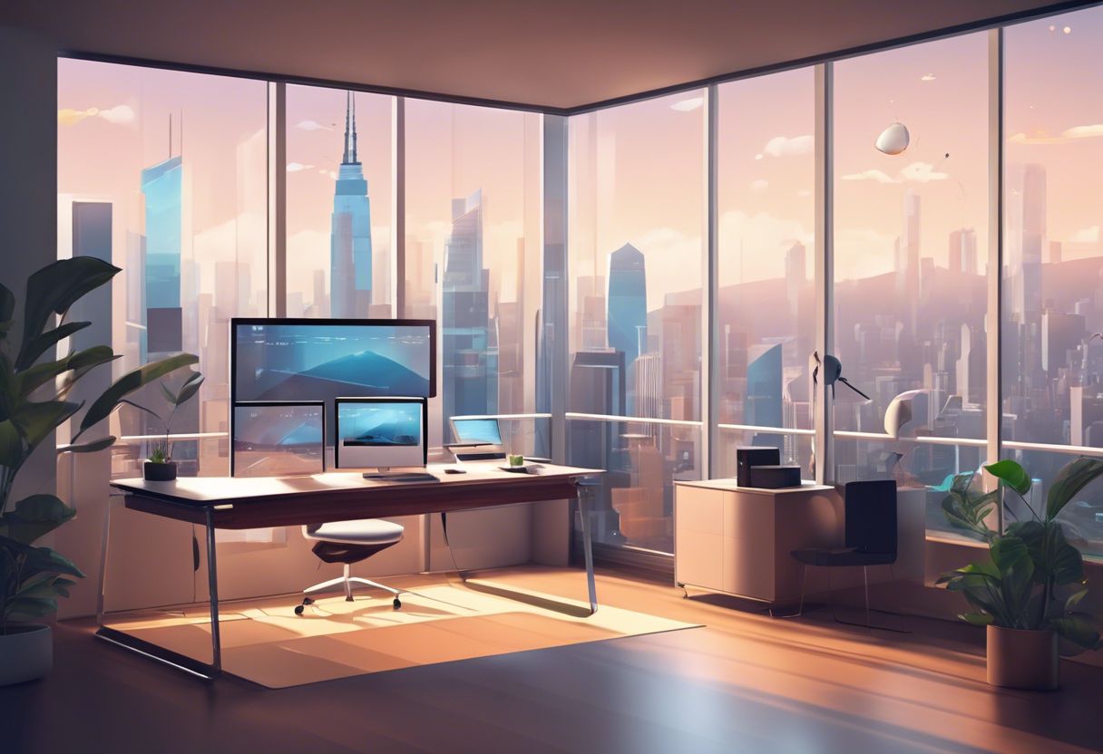 A modern, minimalistic office with voice-activated devices, large windows overlooking a bustling city, sleek furniture, and a high-tech ambiance.