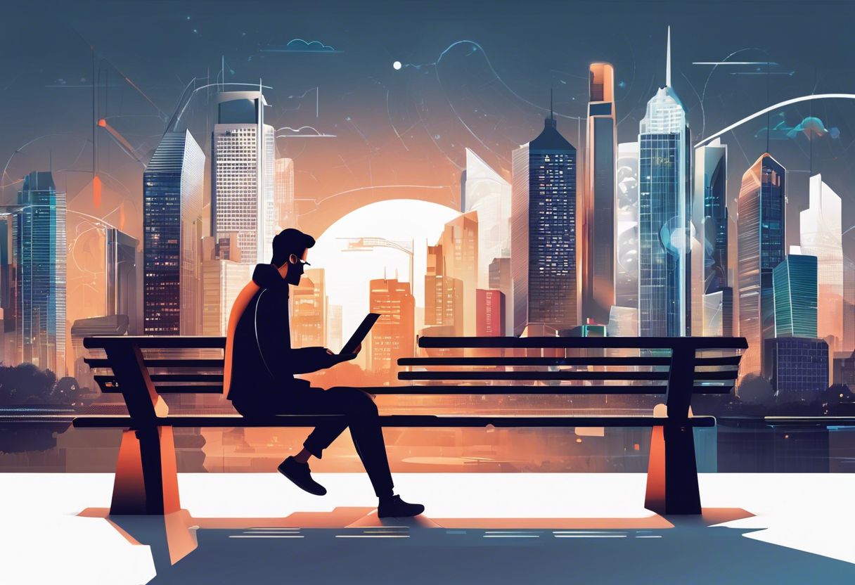 A person looking at a futuristic cityscape on a 404 page while sitting on a bench.