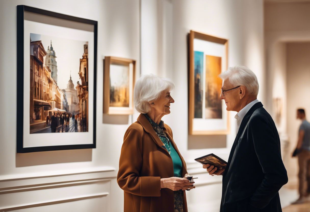 An elderly couple browsing through an elegant art gallery with diverse artworks on display.