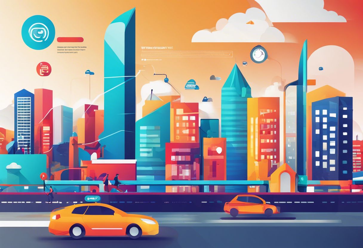 A modern tech-themed cityscape with colorful 'Join Now' and 'Start Your Free Trial' call-to-action buttons.