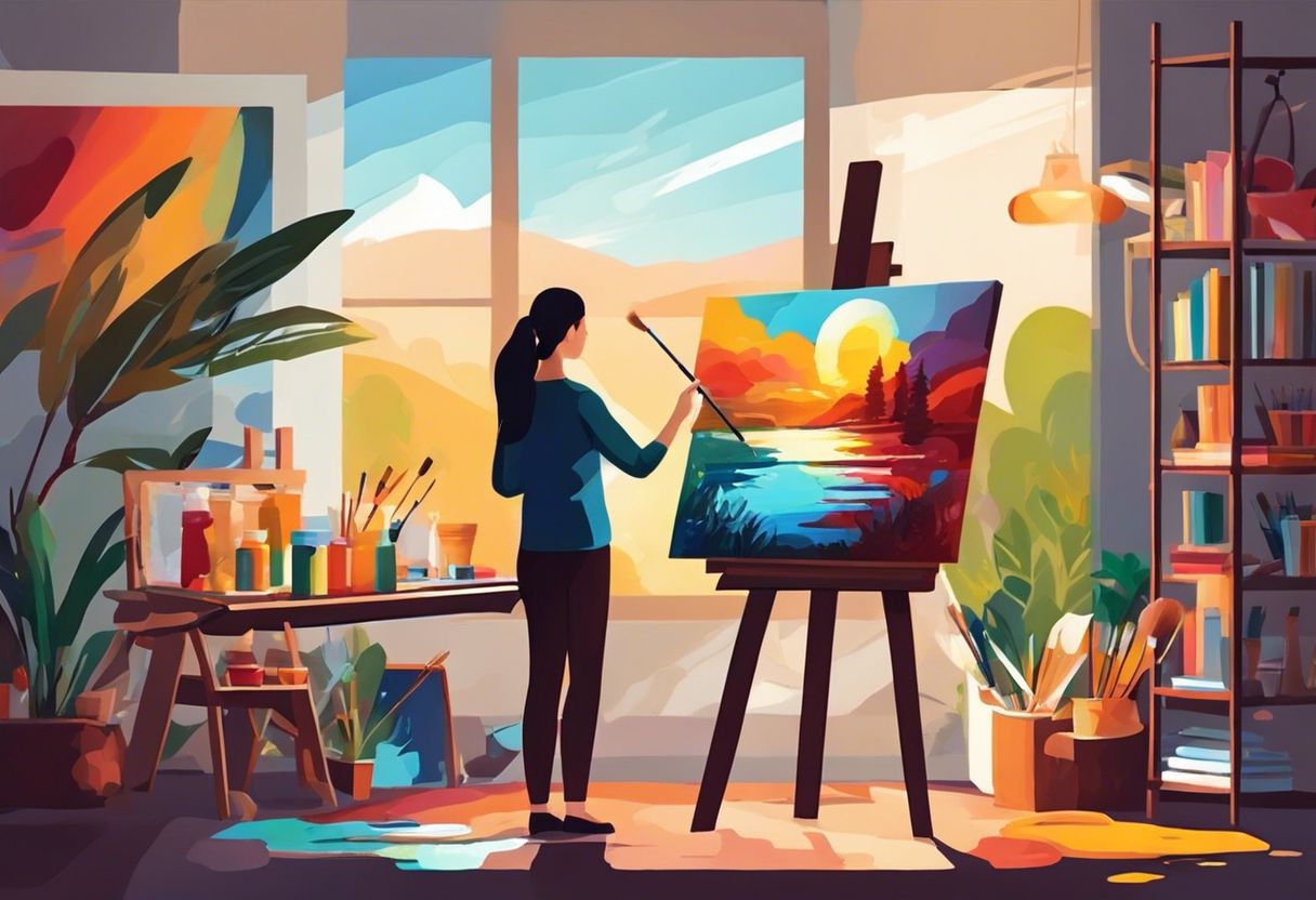 An artist in a studio painting with vibrant palettes, capturing the energy of the natural world.