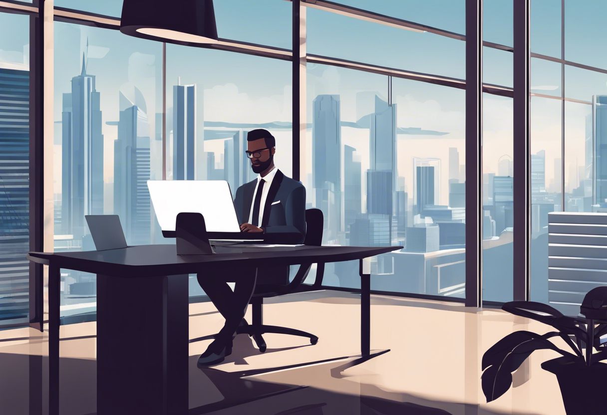 A person analyzing website data on a laptop in a sleek modern office with a cityscape view.