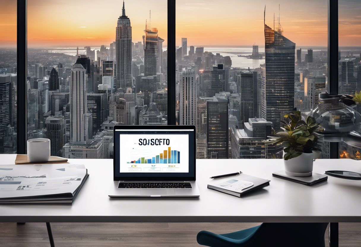 A modern office desk with a laptop and SEO keyword research tools.